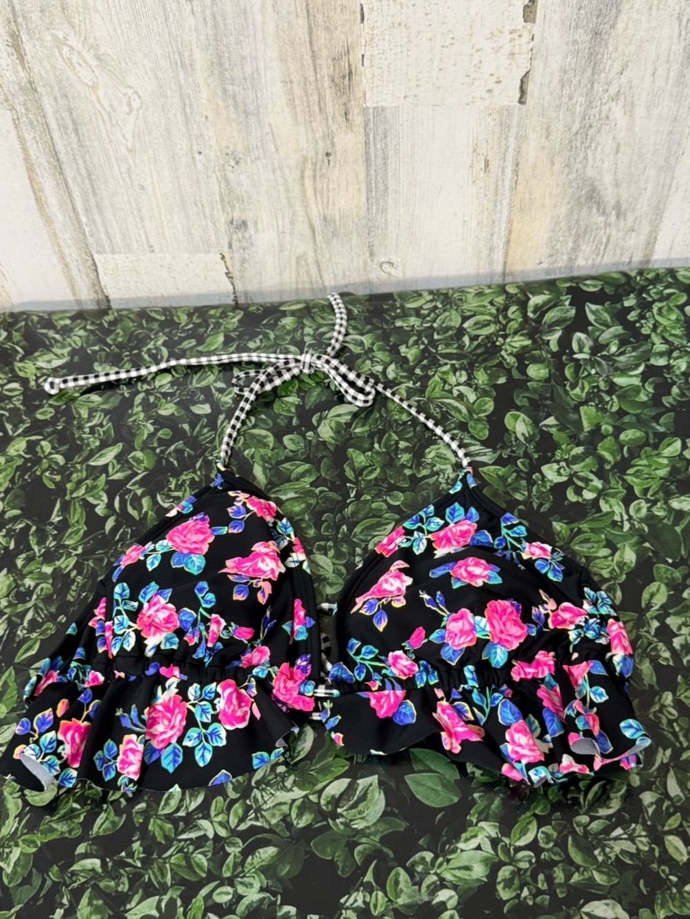 String Floral Ruffle Halter Bikini Top - Black with Pink Flowers - Picture 9 of 9